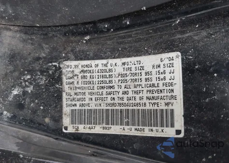 2004 Honda Cr-V Lx from USA, damaged, VIN SHSRD78504U246518
